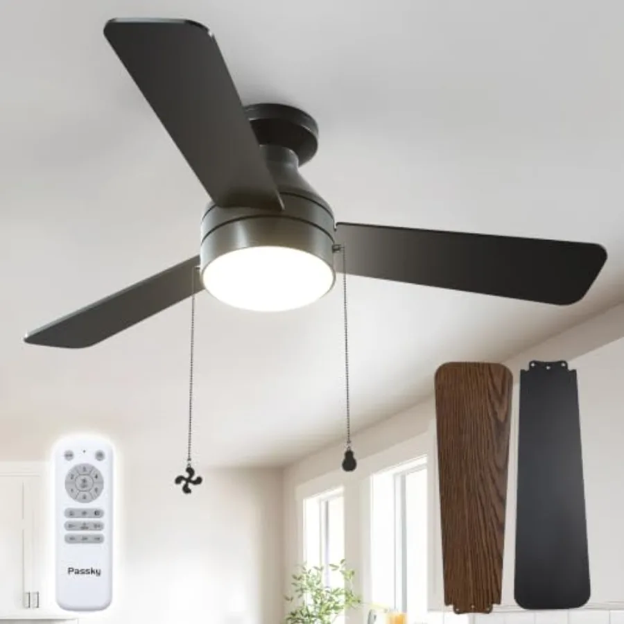 Ceiling Fans with Lights, Low Profile Ceiling Fan with Pull Chain and Remote Control, Flush Mount, Reversible, 5CCT, Dimmable,