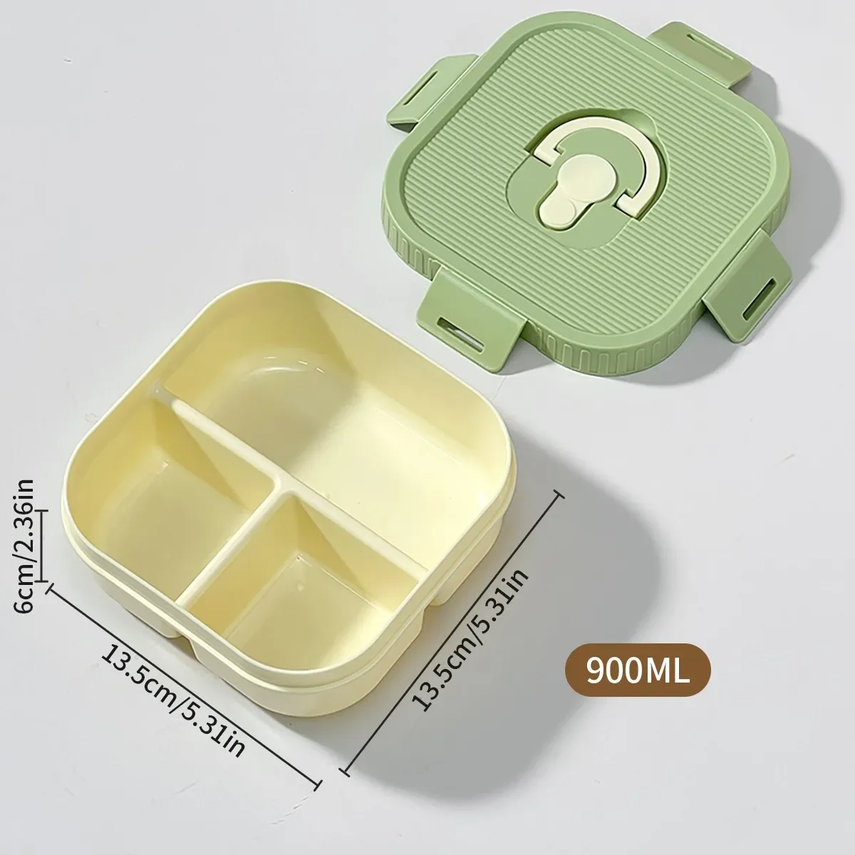 Magnetronbestendige, vierkante lunchbox van kunststof met vakken, herbruikbaar, draagbaar, lekvrij, voor kinderen, geschikt voor fruit en salades, met handvat.