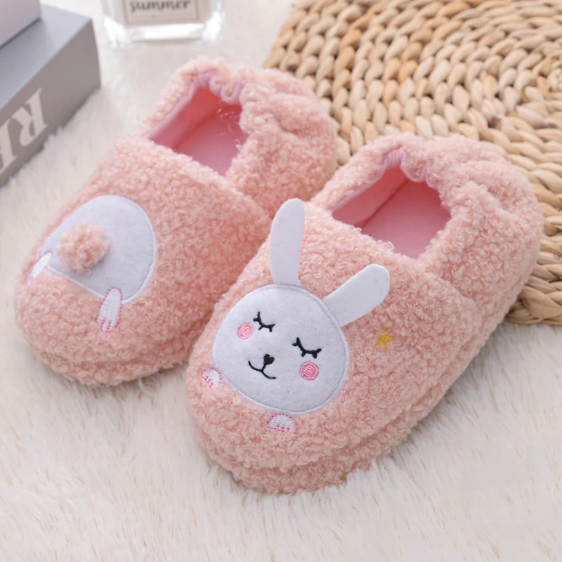 Toddler Girls Slippers for Winter Baby Loafers Plush Warm Cartoon Head Tail Bunny Rubber Sole Children Home Shoes House Footwear