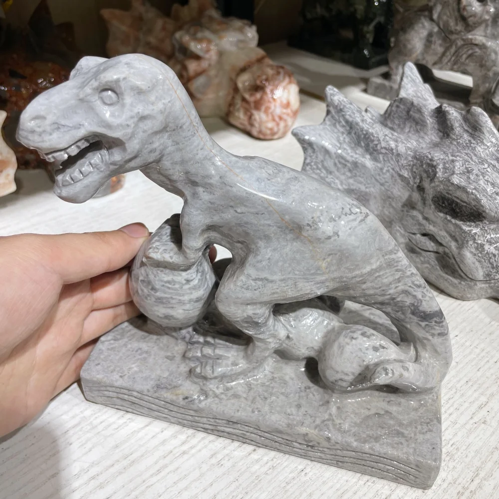 2.1kg Natural Grey Pattern Stone T-Rex Dinosaur Carving Tyrannosaurus Rex With Dinosaur Egg Stone Sculpture Home Decoration Gift