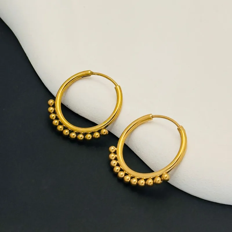 Personality Trendy Gold Color Stainless Steel Small Round Bead Hoop Earrings for Woman Korean Winter Jewelry Accessories Gifts