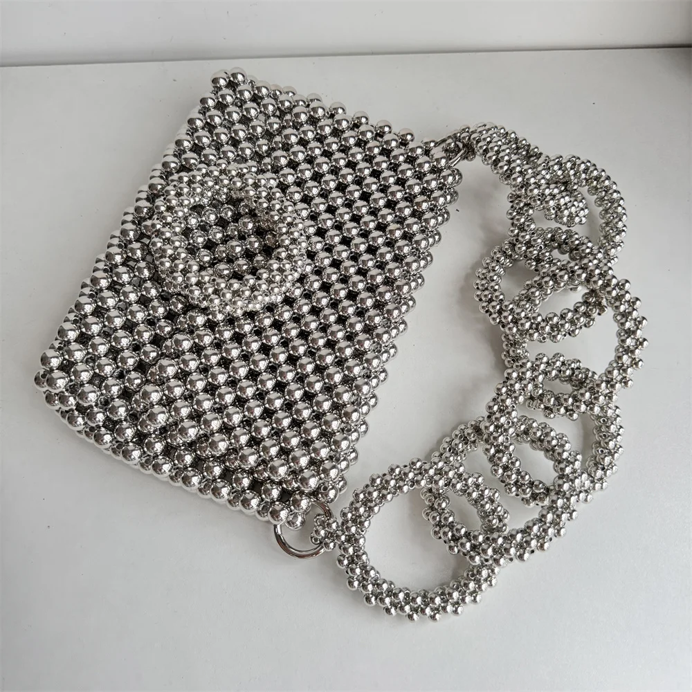 Handmade Silver Beaded Bags For Women Handbags Fashion Trend Beach Vacation Beading Phone Clutch Party Bags