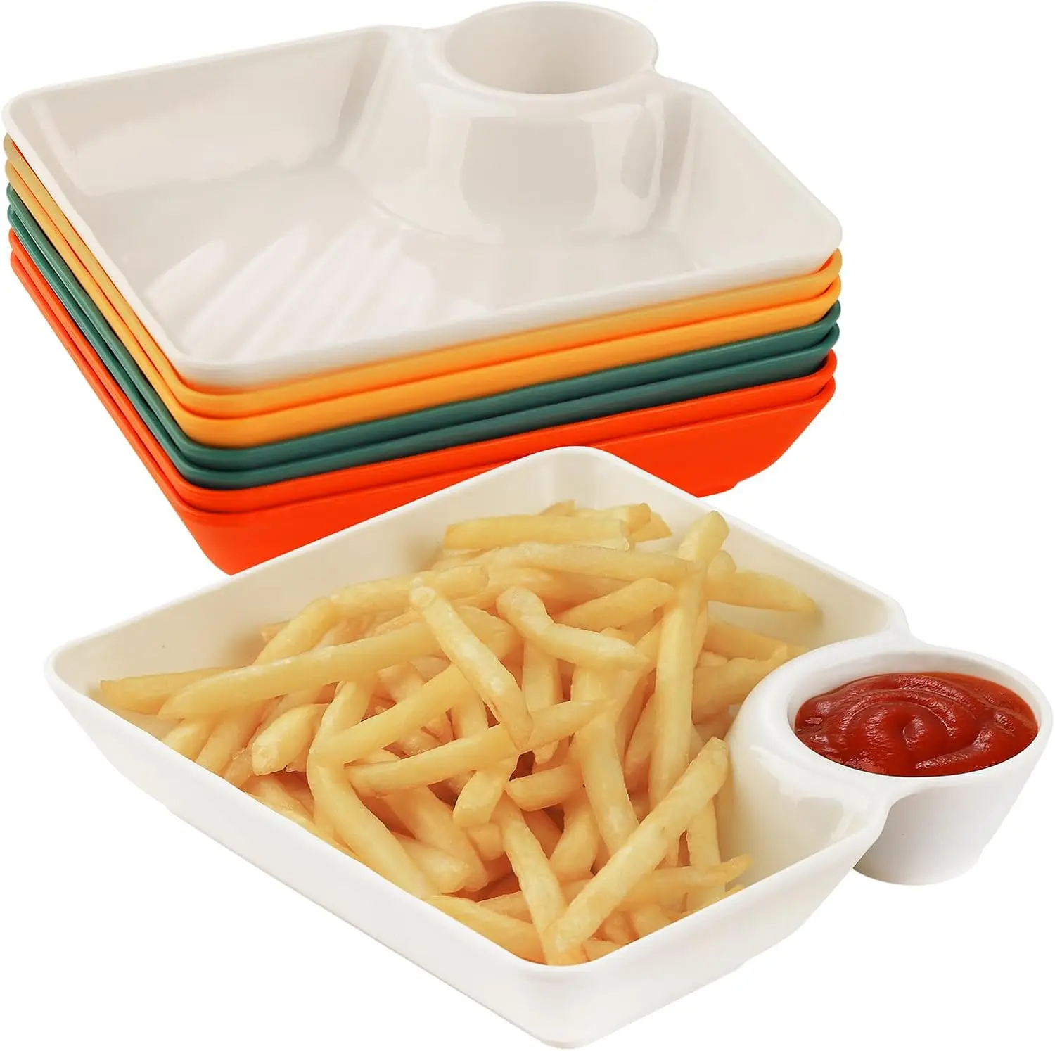 Juego de platos para servir Chip Dip, platos de plástico para bolas de masa con compartimento para salsa, platos cuadrados para servir sushi