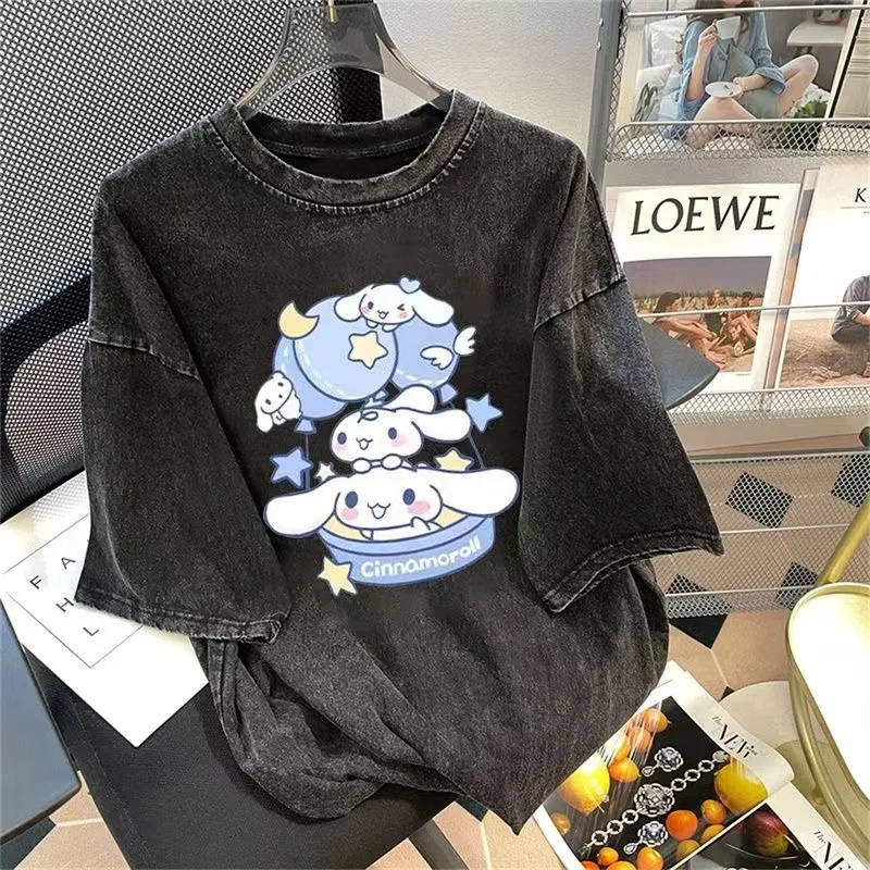 Sanrio Pure Cotton Kuromi Washed Old Black Japanese Cartoon Print T-shirt Kpop Summer New Cinnamoroll Vintage Oversized T Shirt