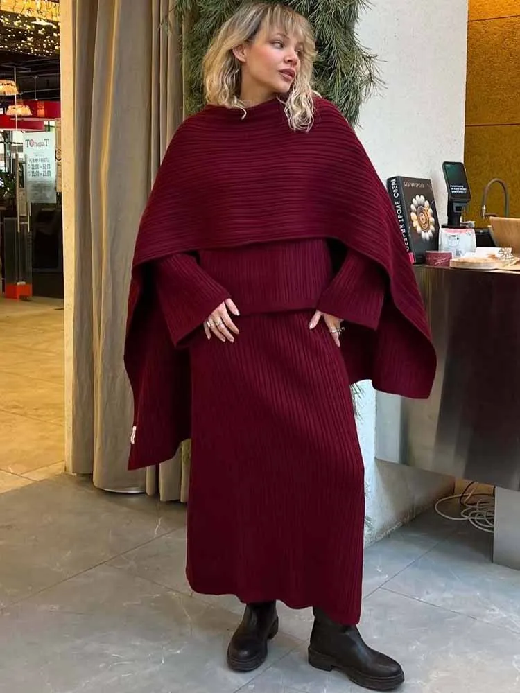 BKQU Gonne maglione lavorato a maglia Set da 3 pezzi per donna Pullover caldo ampio con scollo a O con sciarpa Gonna lunga a vita alta Abiti autunno inverno