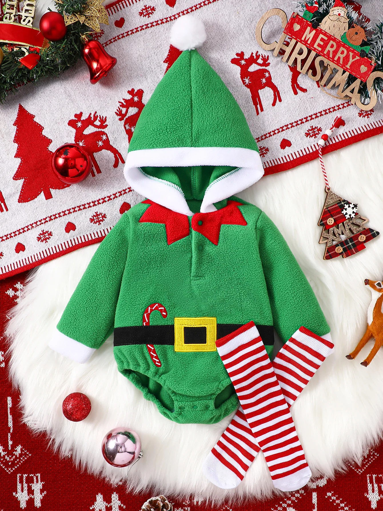 IURNXB Baby Hooded Green Fleece Bodysuit Infant Christmas Elf Costume Set Newborn Santa Elf Outfits for Xmas Party 1-18M