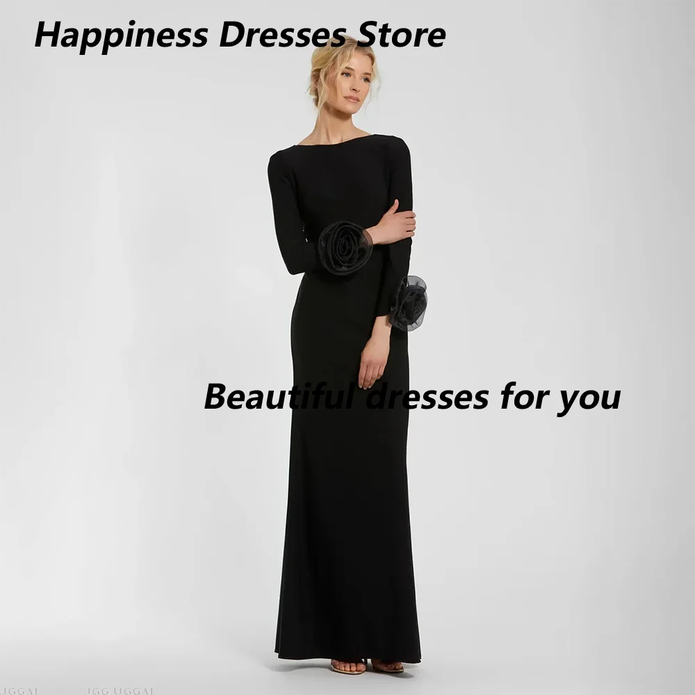 

Black Evening Dresses for Women Boat Neck Long Sleeves Flower Mermaid Prom Gowns Floor Length Elegant Evening Dress Customized