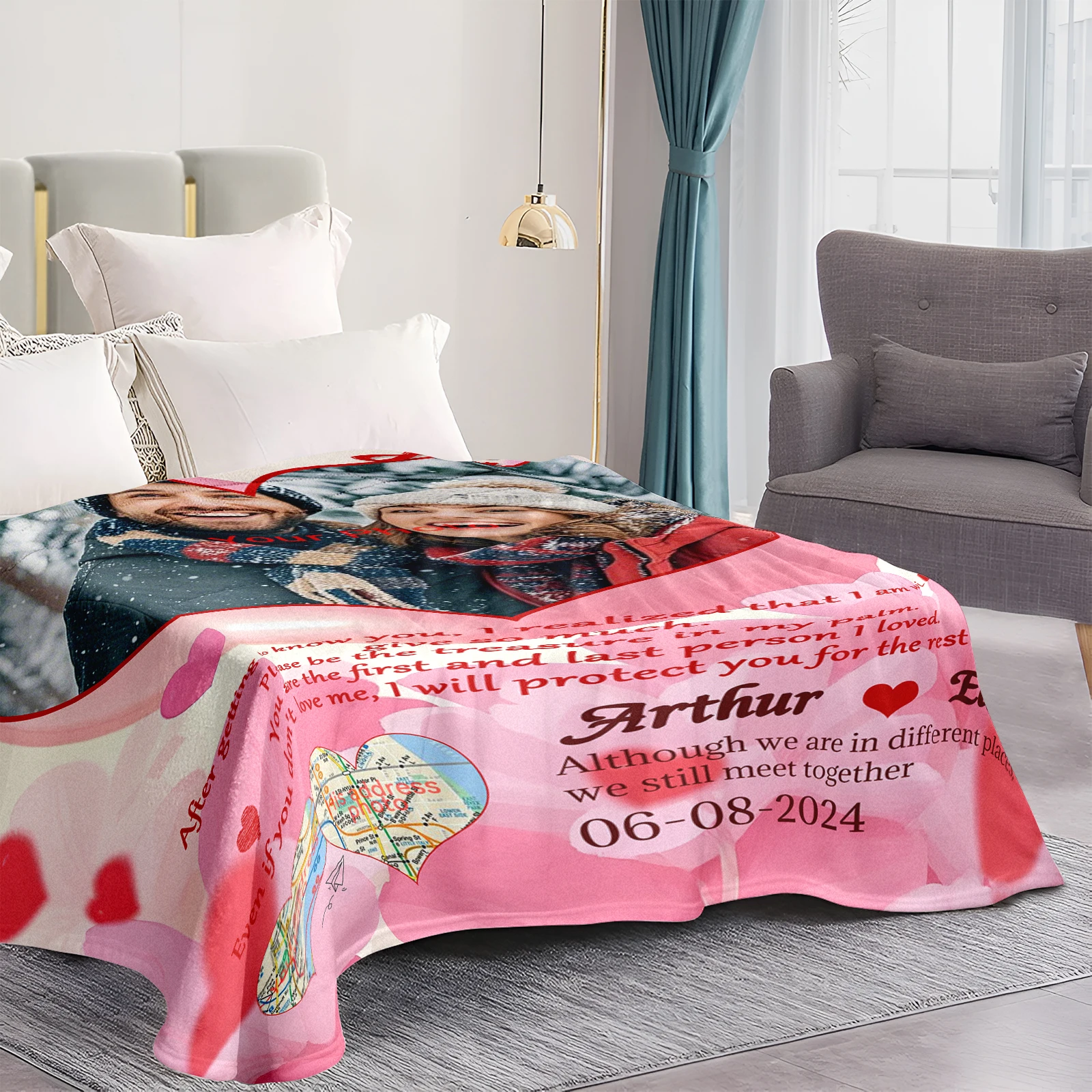 Personalized Valentine's Day Flannel Blanket. 3 Pictures, 3 Set Phrases, Hearts for Couples' Love.