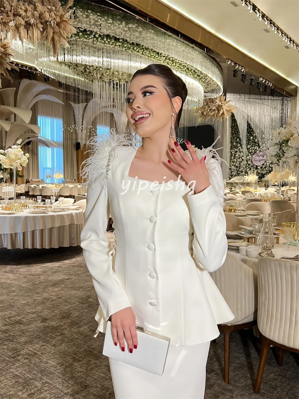 Personalizado combinando formal jérsei botão pena plissado em linha reta pescoço quadrado vestidos longos sob medida vestidos de ocasião alta qualidade