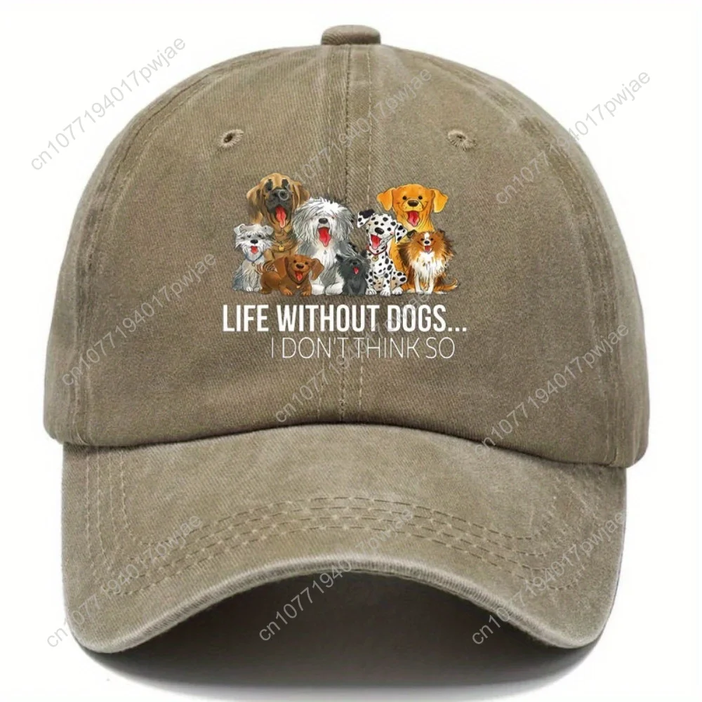 Een baseballpet voor mannen en vrouwen die zegt, "Leven zonder hond... Ik denk niet zo." Het is een veelzijdige softtop in vintage stijl S