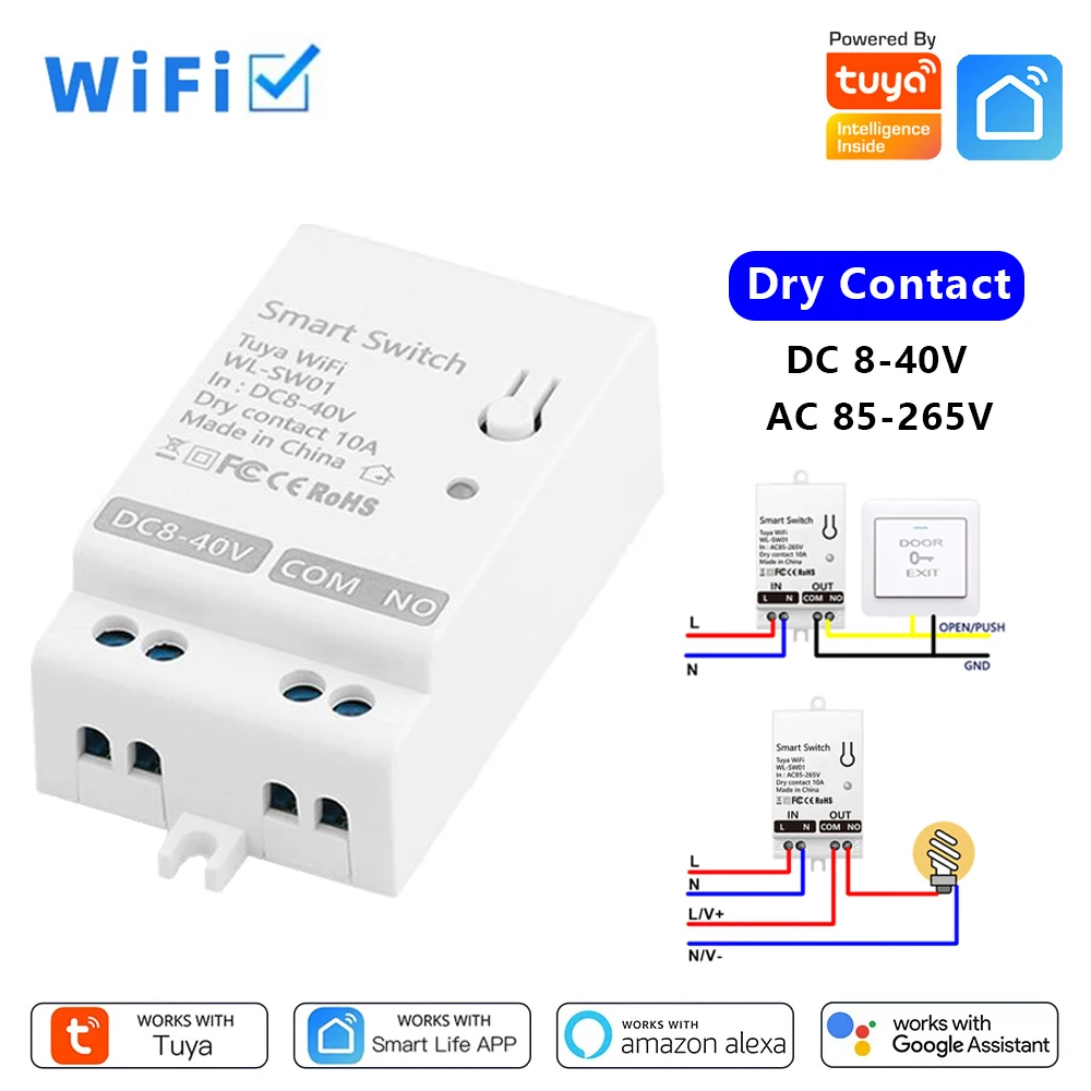 Tuya WiFi Smart Dry Contact Switch Module 10A Home Universal DIY Breaker Relay DC 8-40V /AC 85-265V Works with Alexa Google Home
