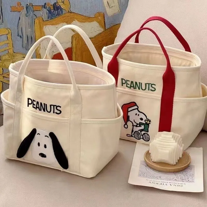 New Canvas Snoopy Large-capacity Lunch Bag Simple and Fashionable Shoulder Bag Cute Commuter Bag Cartoon Embroidered Bag