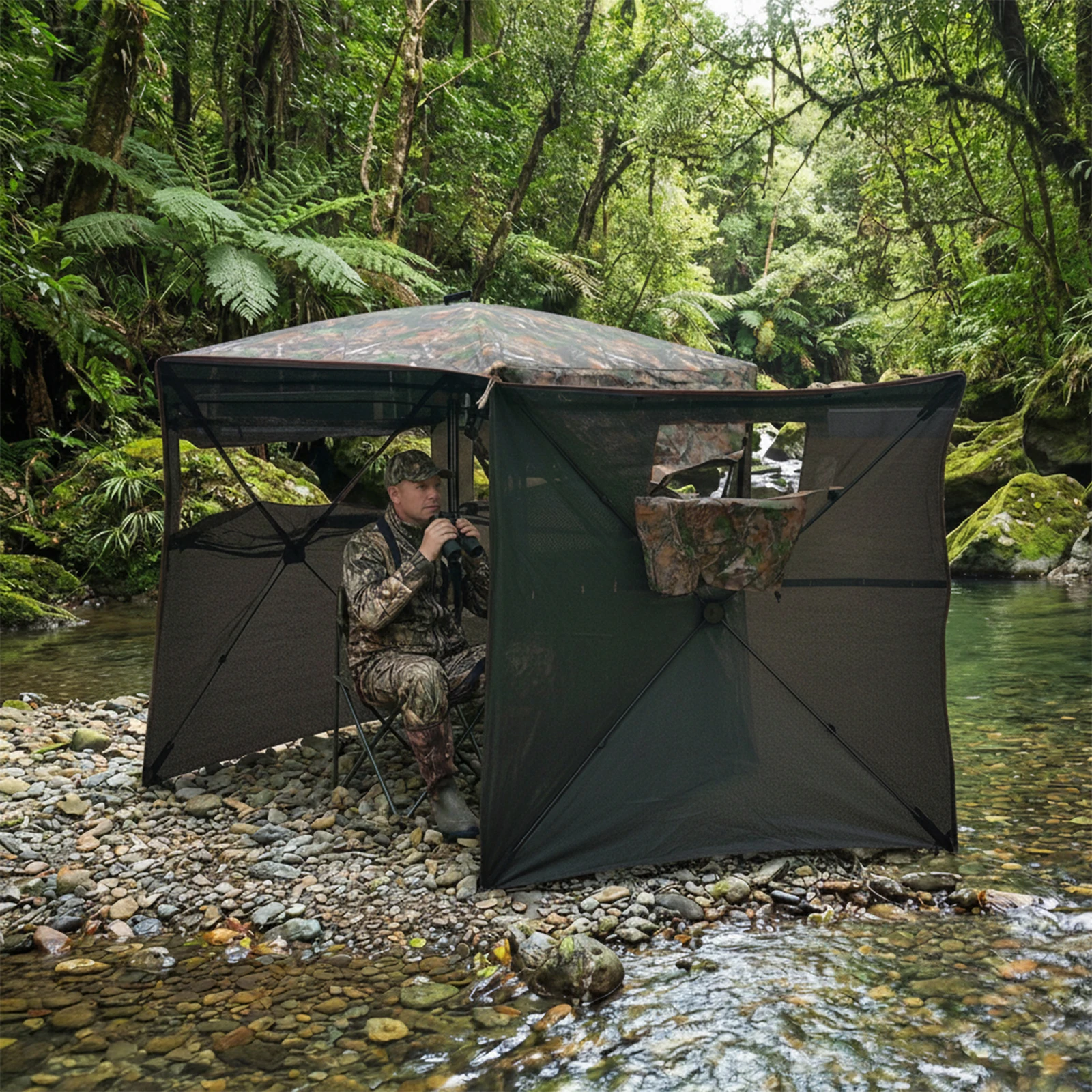 Pop Up Hunting Blind Side Opening Door 360 One Way View Mesh for Deer Turkey Hunting Bird Watching Woods