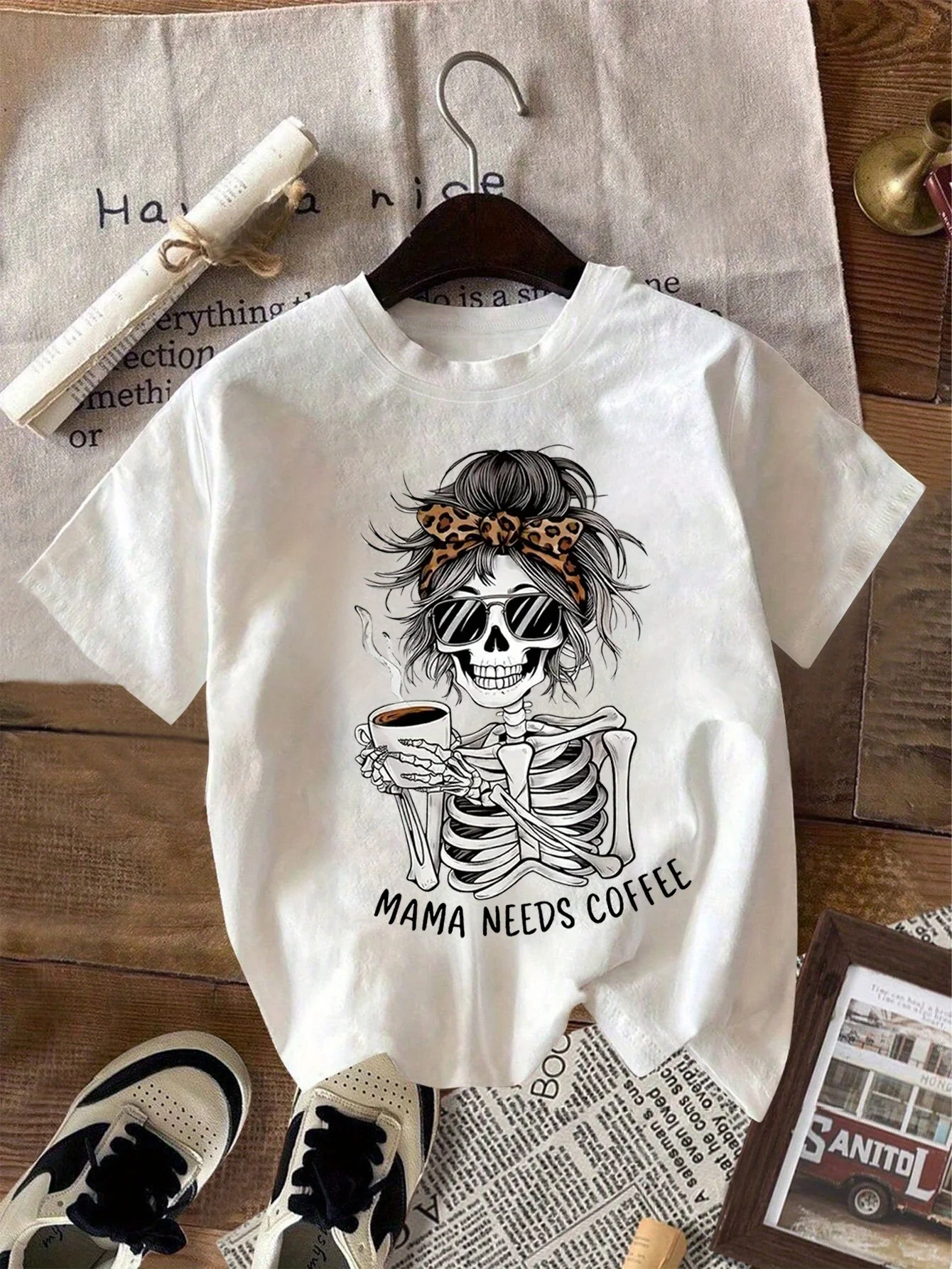 2026 New Women's Fashion Summer Collection Leopard Print Skeleton Beauty Art Font Casual Party T-shirt Fun and Bizarre Top
