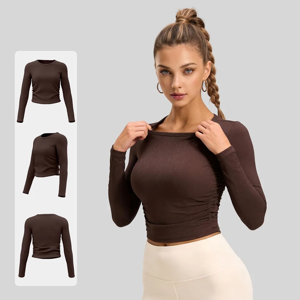 Women Yoga Long Sleeve Top Side Ruched Slim Fit Crop T-Shirt Breathable Stretch Workout Gym Fitness Active Shirts
