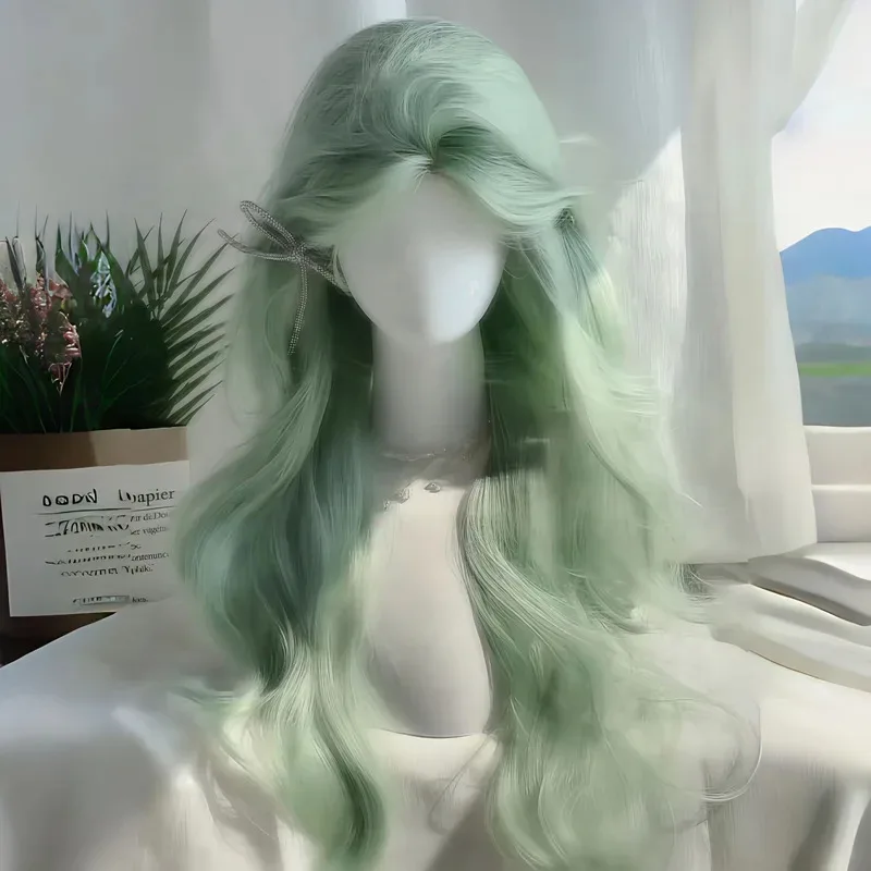 Pelucas sintéticas de pelo rizado largo para mujer, pelo rizado largo de Color verde, color rosa menta, con flequillo, Cosplay, para fiesta diaria