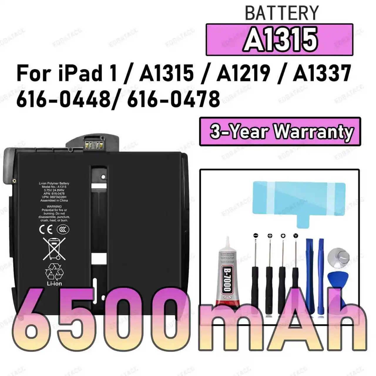 100% New High Quality A1315 6500mAh Battery For IPAD 1/A1219/A1337/616-0448/616-0478 Tablet Battery Bateria+Free Tools