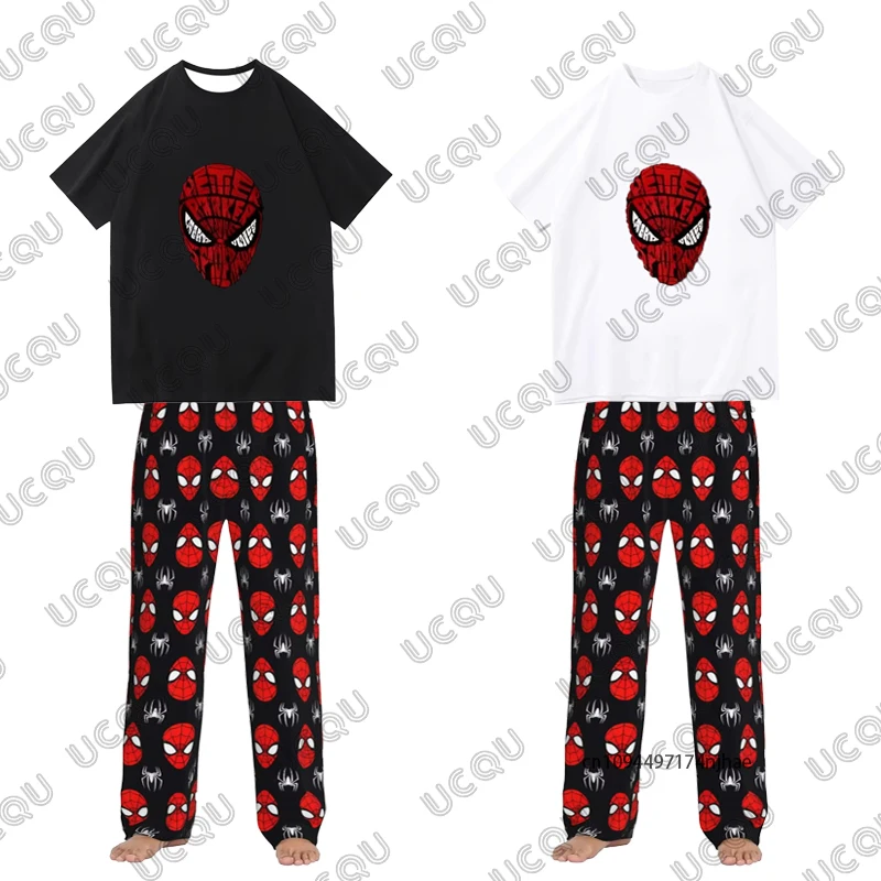Survêtement pour enfants, t-shirt à manches courtes + pantalon pyjama imprimé Spider-Man, costume de Couple décontracté, mode enfants/adultes, tenues 2 pièces