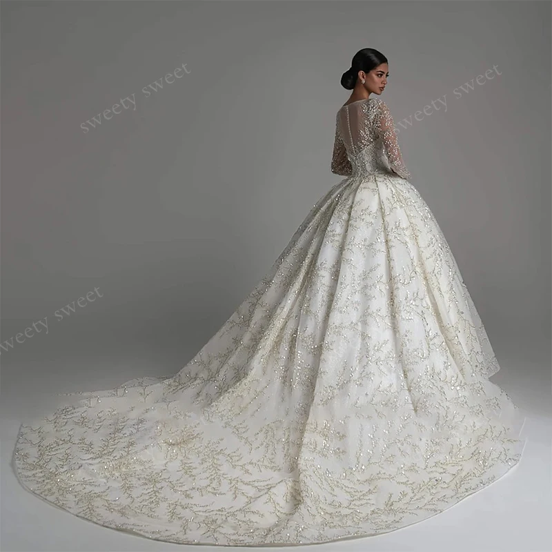 Glitter Wedding Dress Organza With Embroidery Sequins Ballgown Full Sleeve O-Neck Customized Bride Dress Button Vestido De Novia