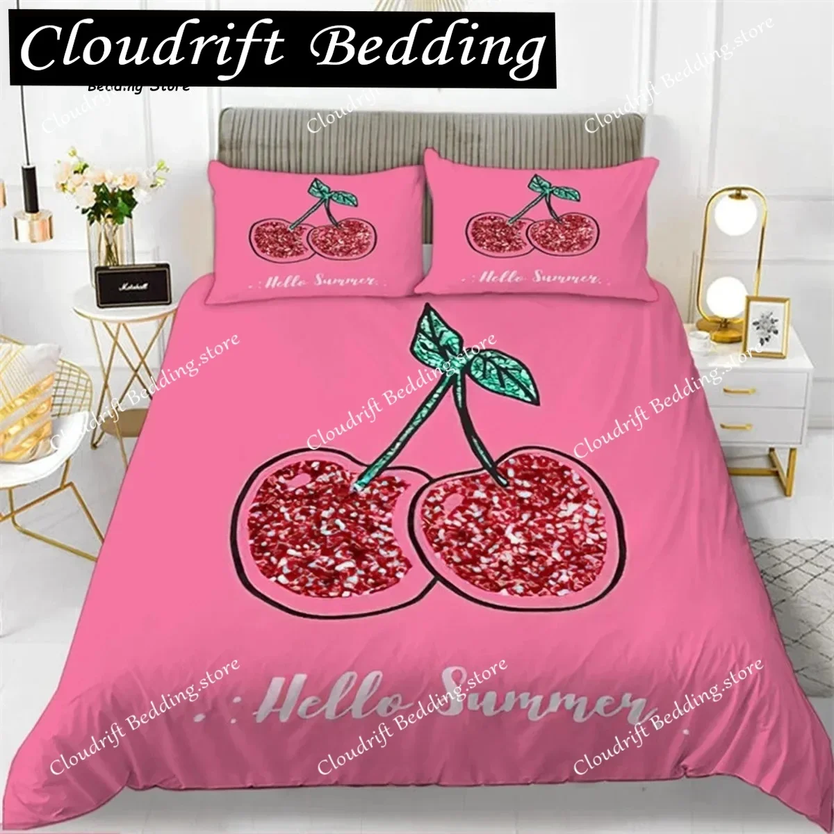 Cute Chic Fruit Bedding Set for Kids Girls Boys Room Decor Tropical Pineapple Cherry Pomegranate Print Duvet Cover Pillowcases