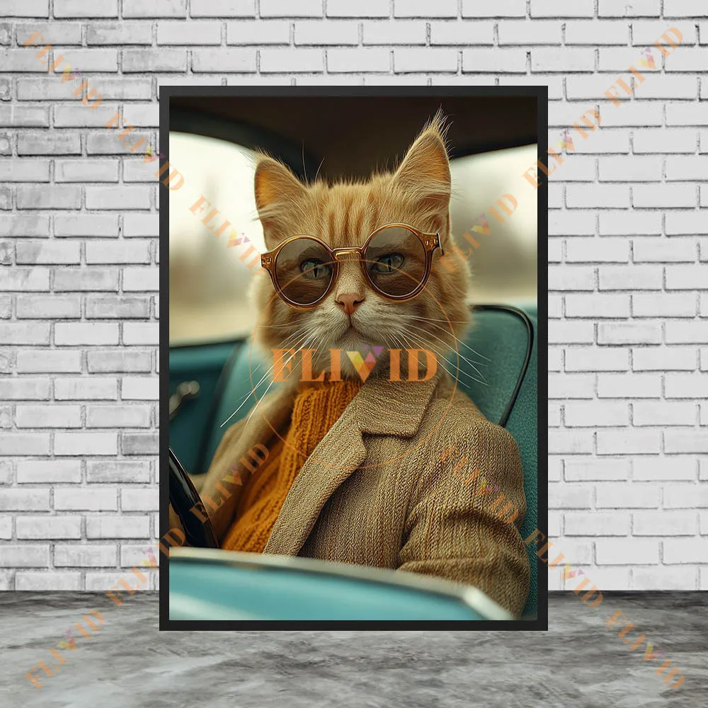 Car & Piano Scene Pet Poster And Print,Sophisticated Cat In Vintage Outfit Canvas Wall Decor,Dapper Gentleman Cat In Suit Poster