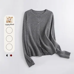 100% Pure Wool Sweater Cardigan Women Autumn Winter Round Neck Long Sleeve Knitted Coat Single Breasted Tops