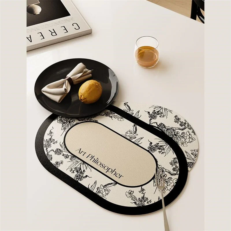New Nordic Leather Placemat Black and White Floral Pattern Waterproof Oilproof Heat Resistant Plate Bowl Mat Dinning Table Decor