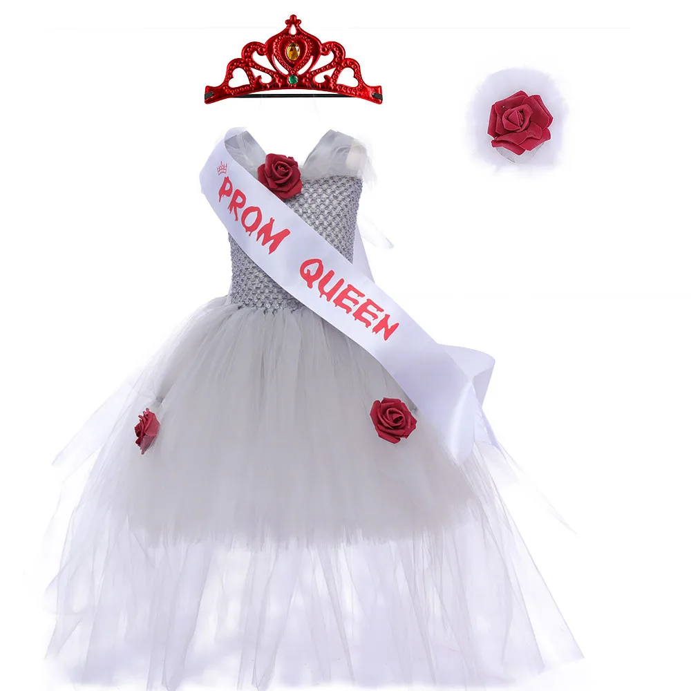 Children Zombie Ghost Bride Long Tail Tutu Dress Kids Halloween Scary Style Theme Party With Accessories Outfit For Stage Show