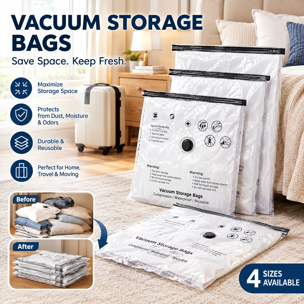 5PCS Vacuum Storage Bags, Space Saver Compression Bags in 4 Sizes, 40x60cm 50x70cm 60x80cm 80x100cm, Vacuum Seal Zipper Bags for Clothes, Bedding, Blankets, Sweaters, Closet, Under Bed Storage, Home Organization, Travel, Seasonal Storage
