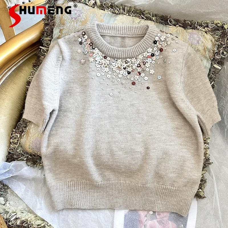 

2024 Autumn Winter Women's New Chic Sweater Round Neck Short Sleeve Sweet Girl Knitwears Solid Color Pullover Short Knitted Tops