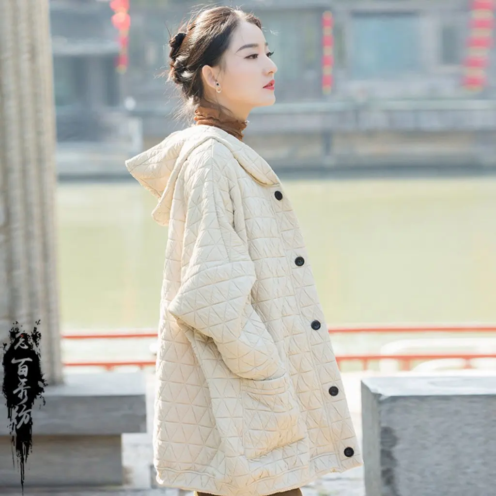 

Winter Women's Heavy Quilted Cotton Jacket Geometric Plaid Thickened Modified Zen Cotton-Padded Coat for Ladies
