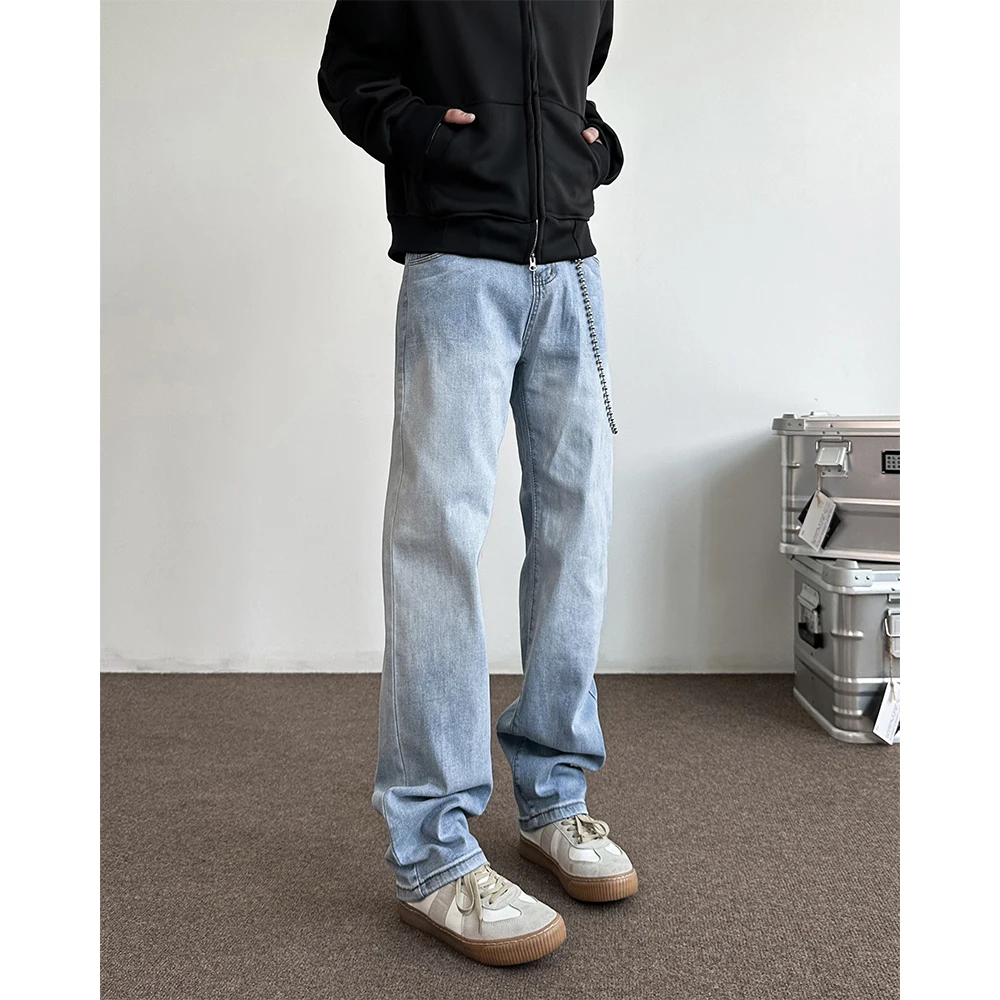 

Синие джинсы в стиле ретро с американской талией, мужские облегающие прямые брюки с узкой версией, длинные брюки, хлопковые джинсы High Street Vibe