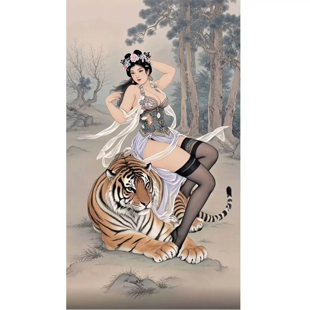 Fashion Classic Beauty and Tiger Self Adhesive Waterproof Stickers Decorative Painting Bedroom Living Room Stickers Stationery