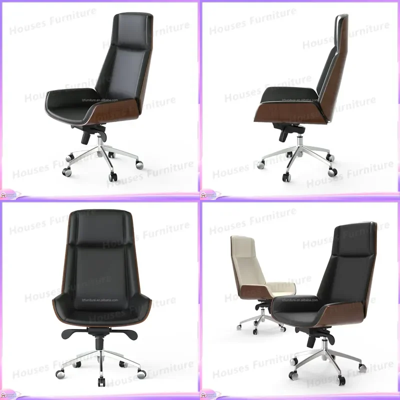 Ergonomic Leather Office Chair Swivel Computer Desk Seat Curved Wood Back Adjustable Height Stainless Steel Base Home Hotel