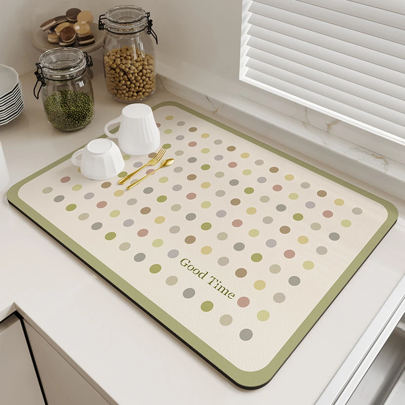 VIKAMA Kitchen Drain Mat Beige Brown Polka Dot Good Time Dish Drying Mat Water Absorbent Quick Dry Anti Slip Soft
