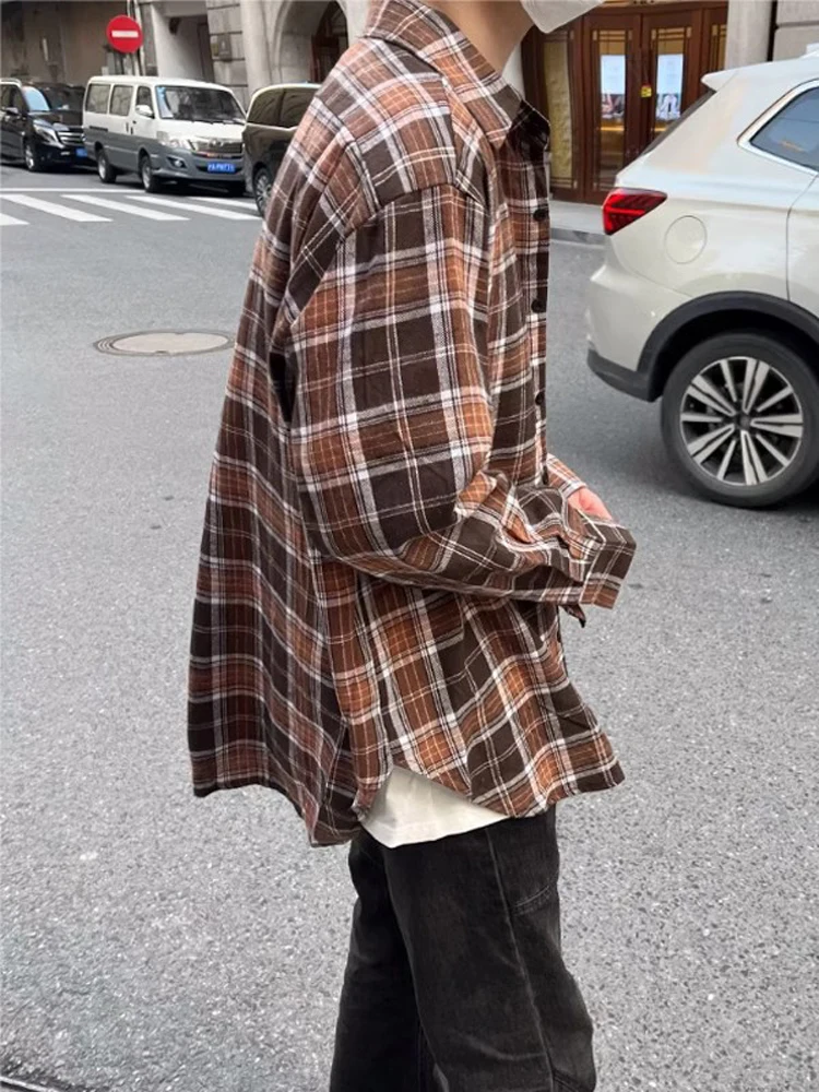 

Клетчатая рубашка с длинными рукавами в американском стиле, мужская винтажная куртка оверсайз, красивая молодежная модная осенняя одежда, рубашка свободного кроя