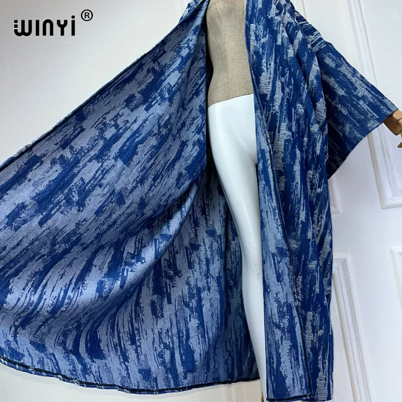 Winyi Kimono Maak Een Oud Denim Vest Vrouwen Lange Down Jas Maxi Jurk Elegant Feest Vakantie Zwemkleding