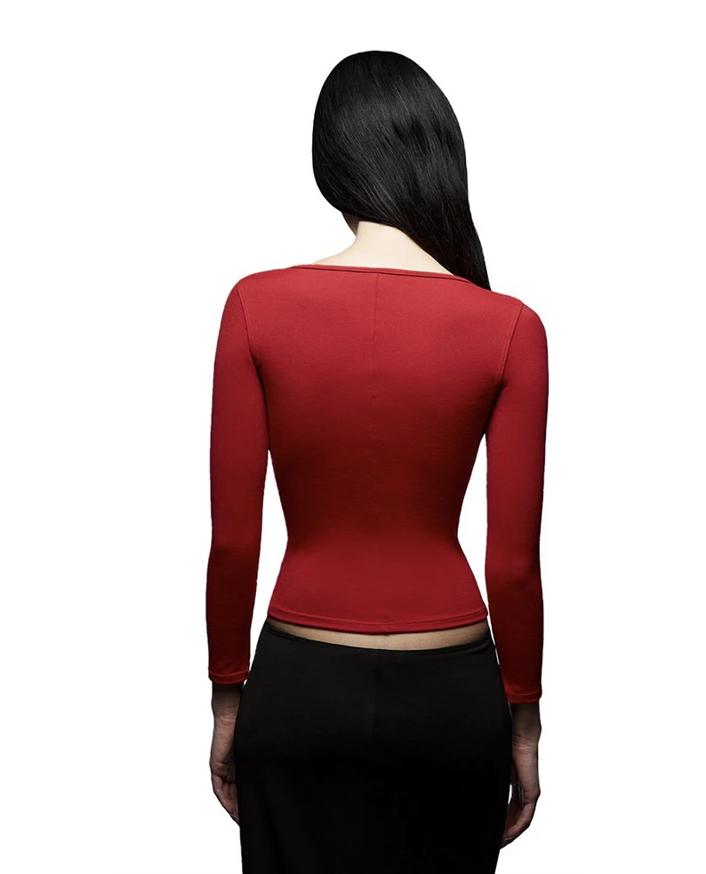 تي شيرت نسائي بأكمام طويلة من Tank Cherry Red، قميص قاعدة ضيق متعدد الألوان عالي المرونة، قميص خريفي Cleanfit