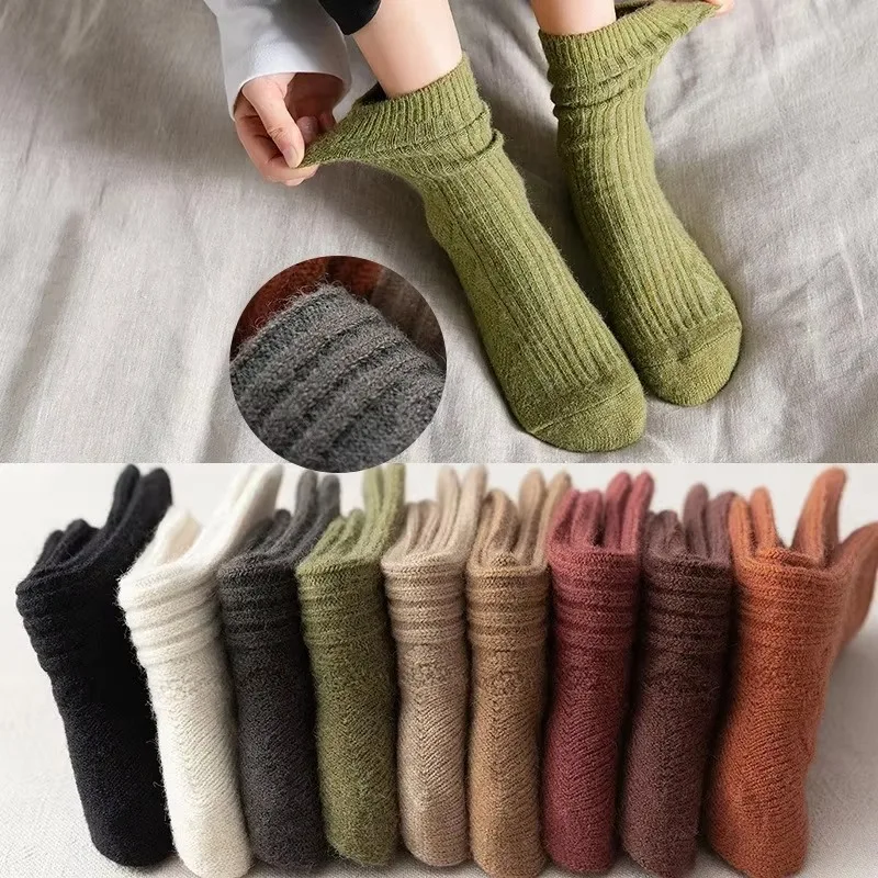 

Women Winter Socks 2024 New Solid Color Causal Thick Warm Long Wool Socks Female Fashion Striped Breathable Japanese Style