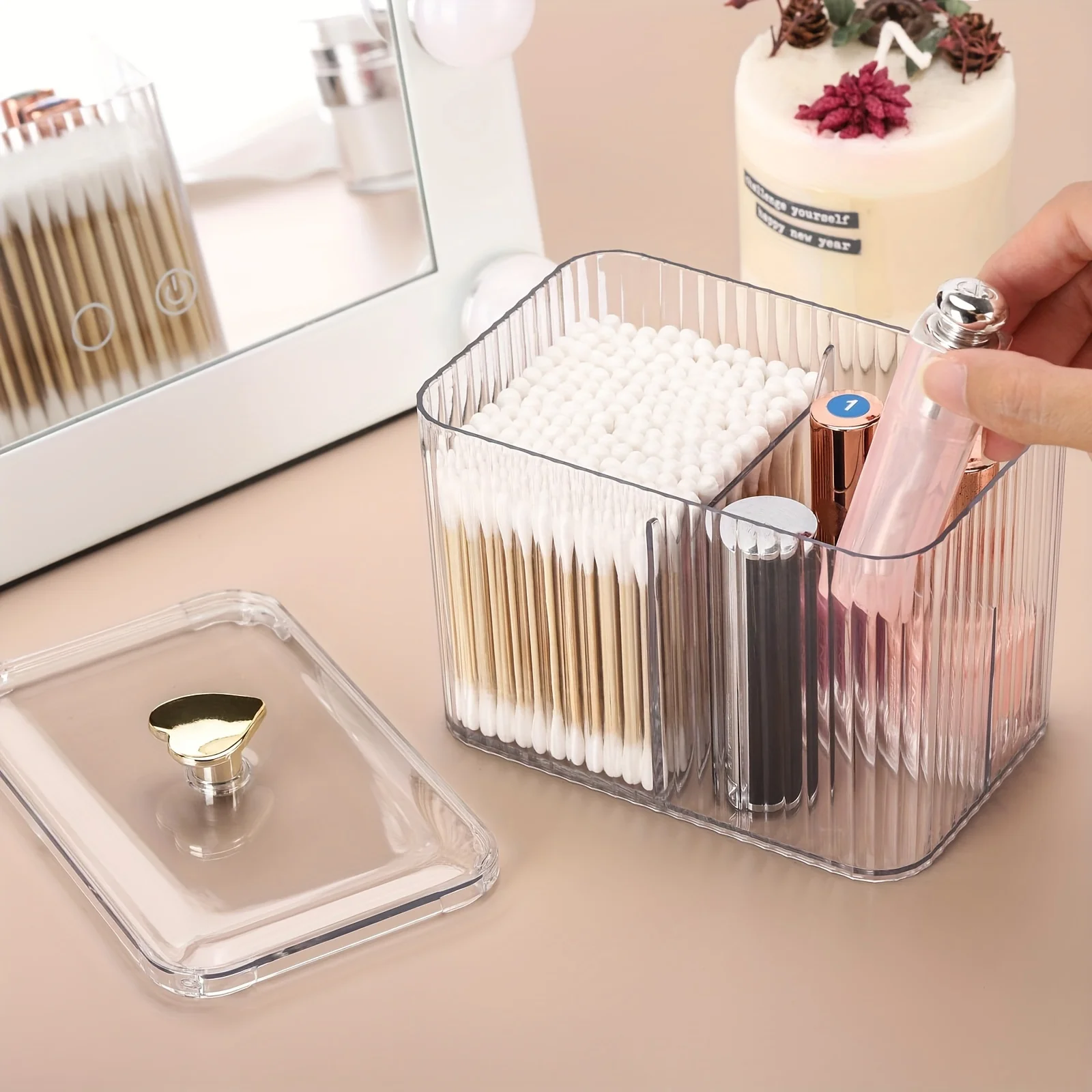 Qtip Holder Dispenser 3-Section Clear Bathroom Organizer Jar 3 Grids Cotton Swab/Pad/Ball Holder Container Cosmetics Storage Box