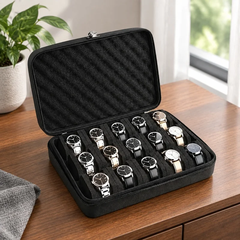 Travel-Friendly Watch Storage Box with 15 Compartments and Durable Protective Shell for Home and On-the-Go