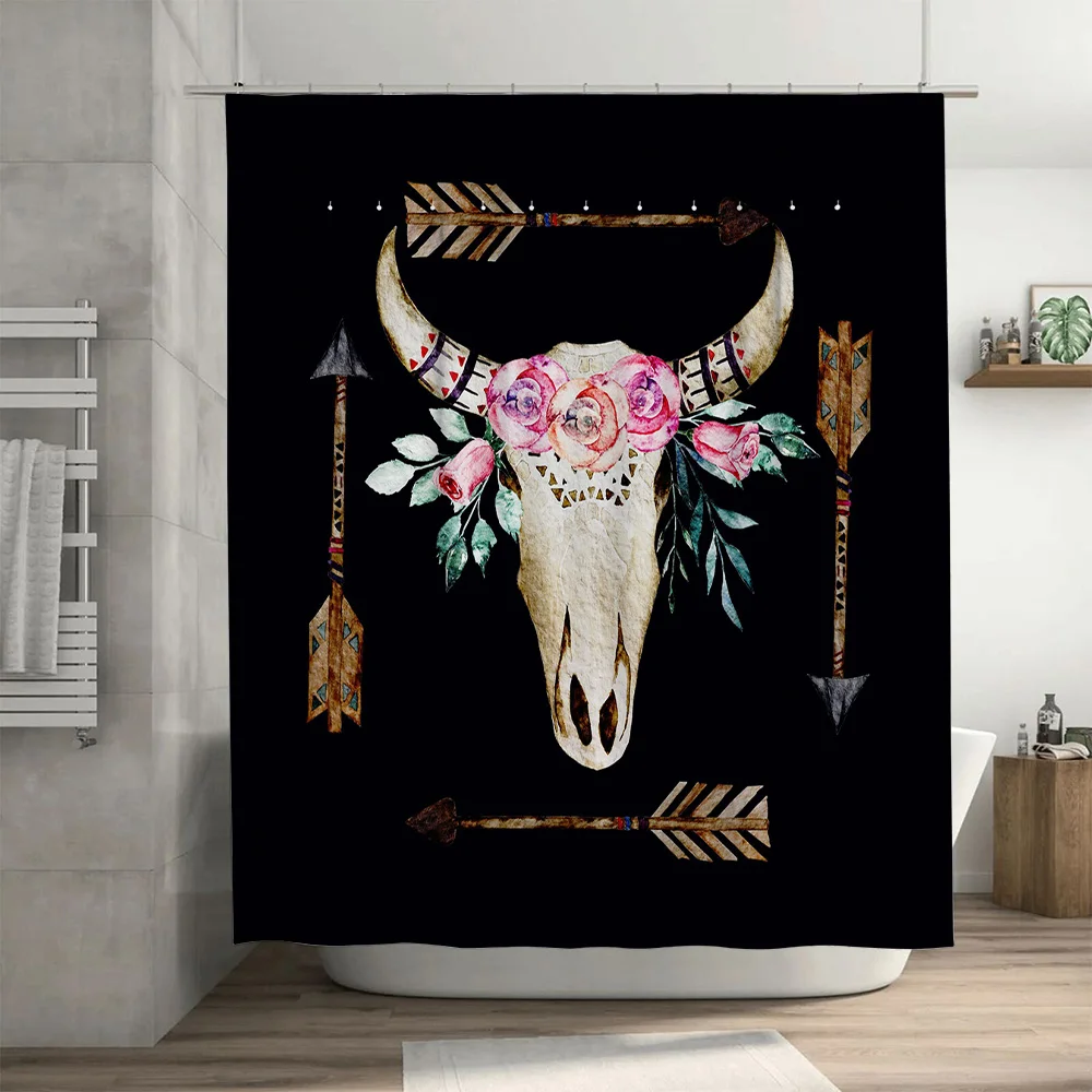 Rustic Bull Skull Shower Curtain Floral Arrow Boho Decor for Bathroom Black Waterproof Fabric