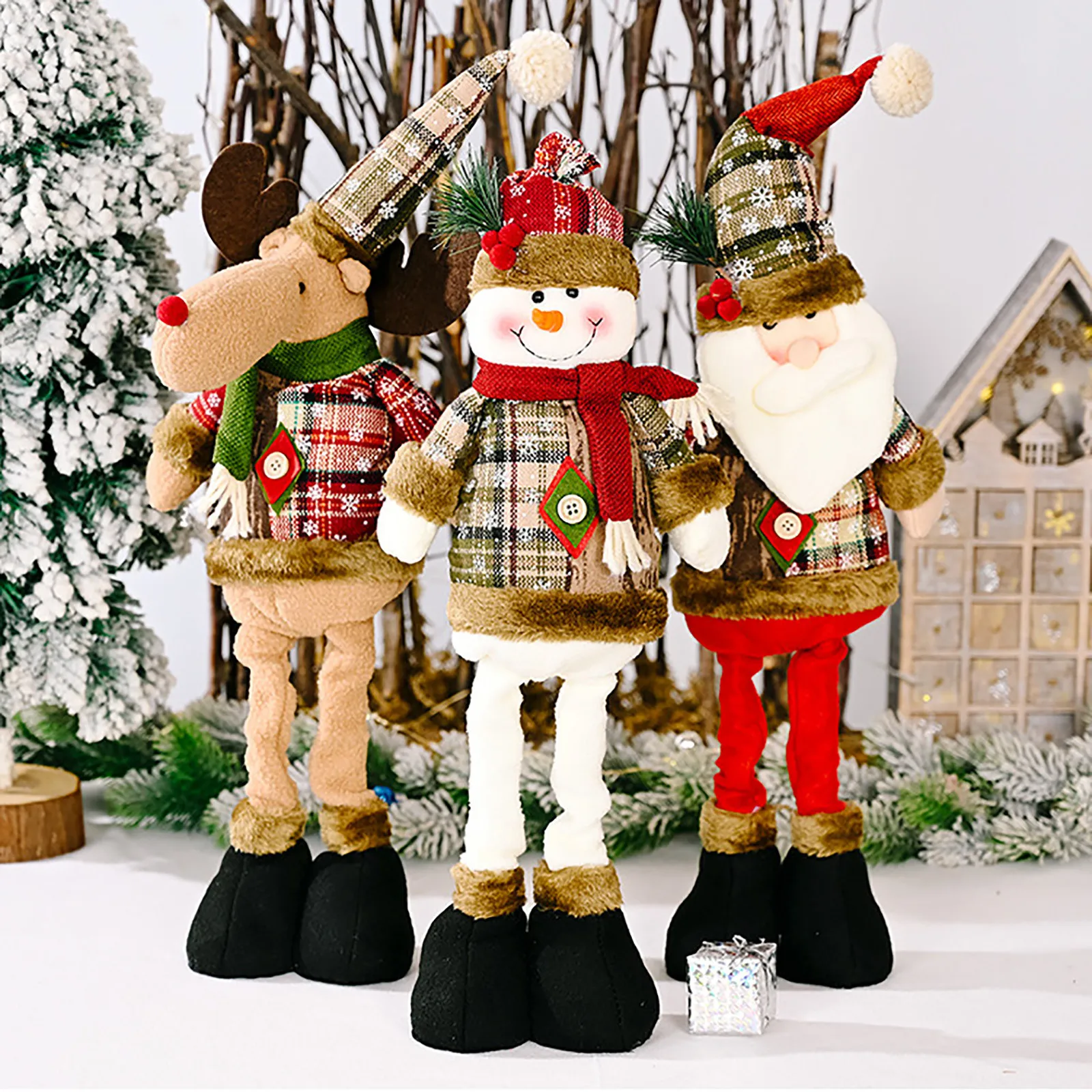 New Christmas Retractable Doll Ornament Elk Snowflake Plaid Lattice Cloth Fabric Retractable Doll Window Decoration navidad