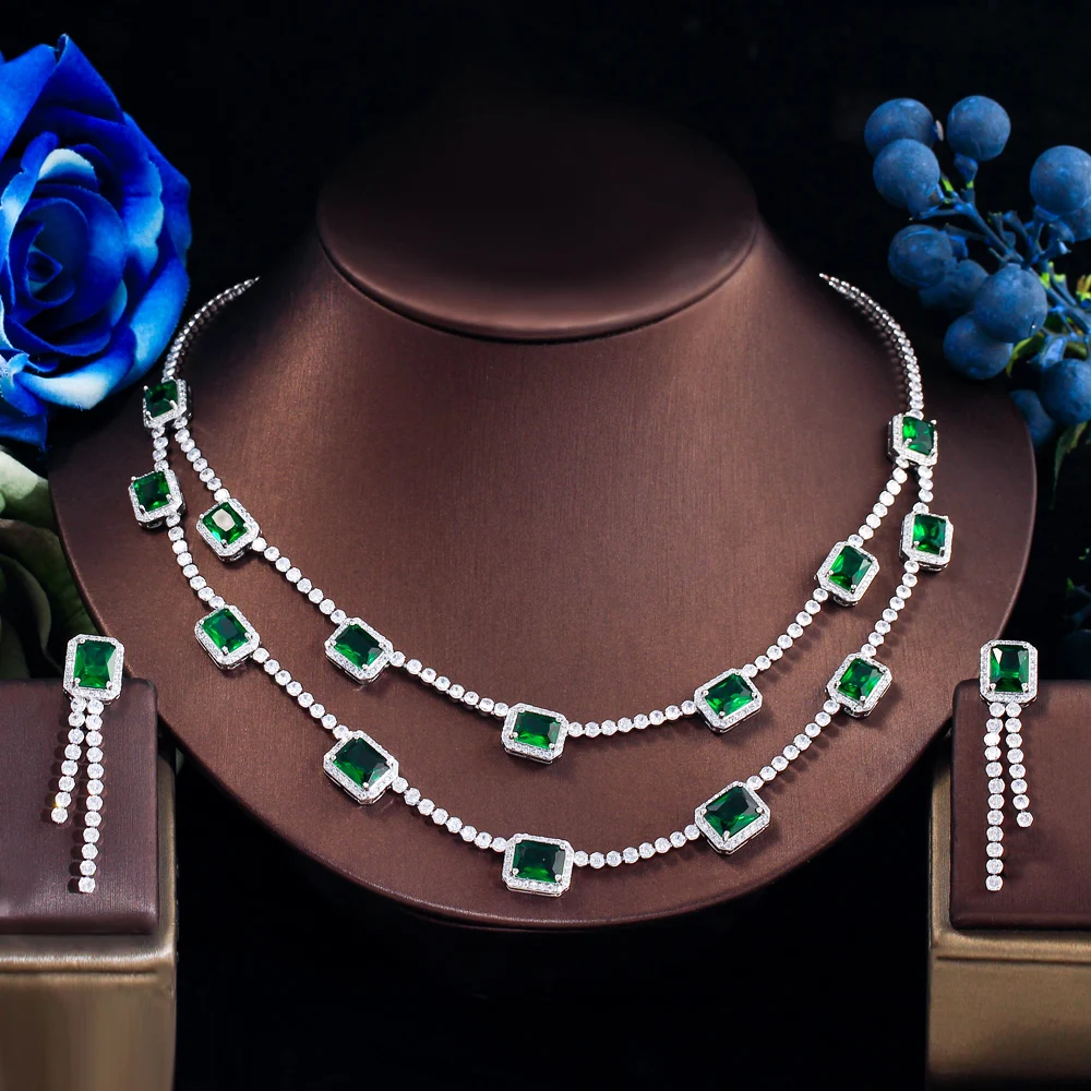 

ThreeGraces Shiny Green CZ Zircon Double Layered Design Luxury Wedding Party Necklace and Earrings Jewelry Set for Women TZ989