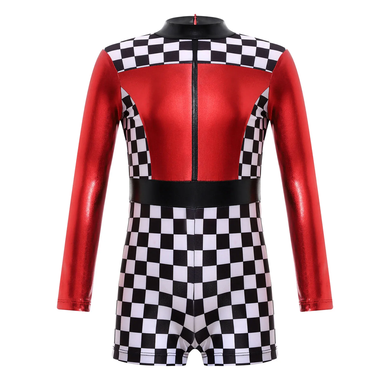 

Kids Girls Halloween Jumpsuit Race Car Racer Costume Long Sleeve Checkerboard Color Block Short Bodysuit Romper Cosplay Costume