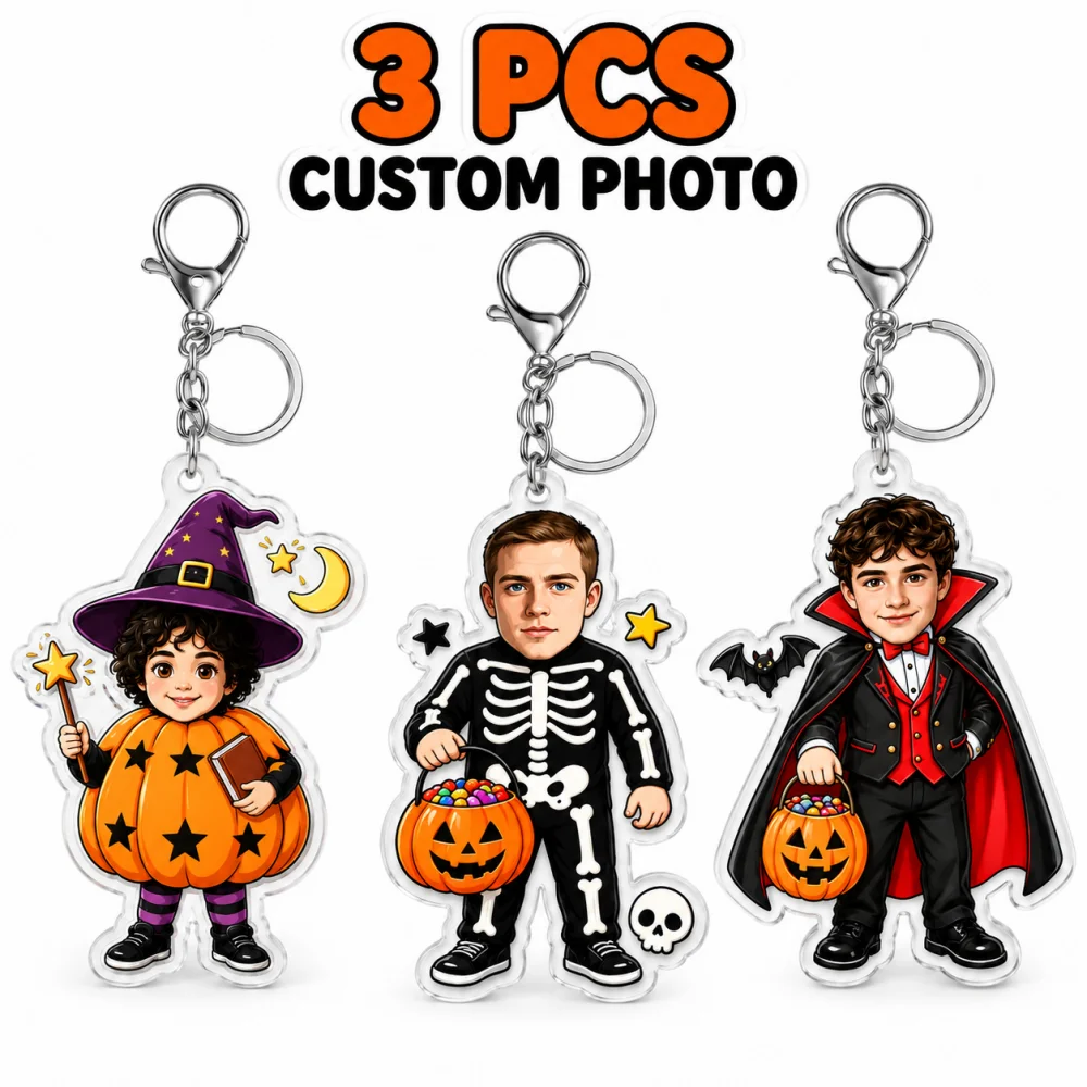 3PCS Personalized Halloween Custom Picture Keychains, 2D Flat Acrylic Key Holder,Multi Costume Matching Key Charm Set for Favors