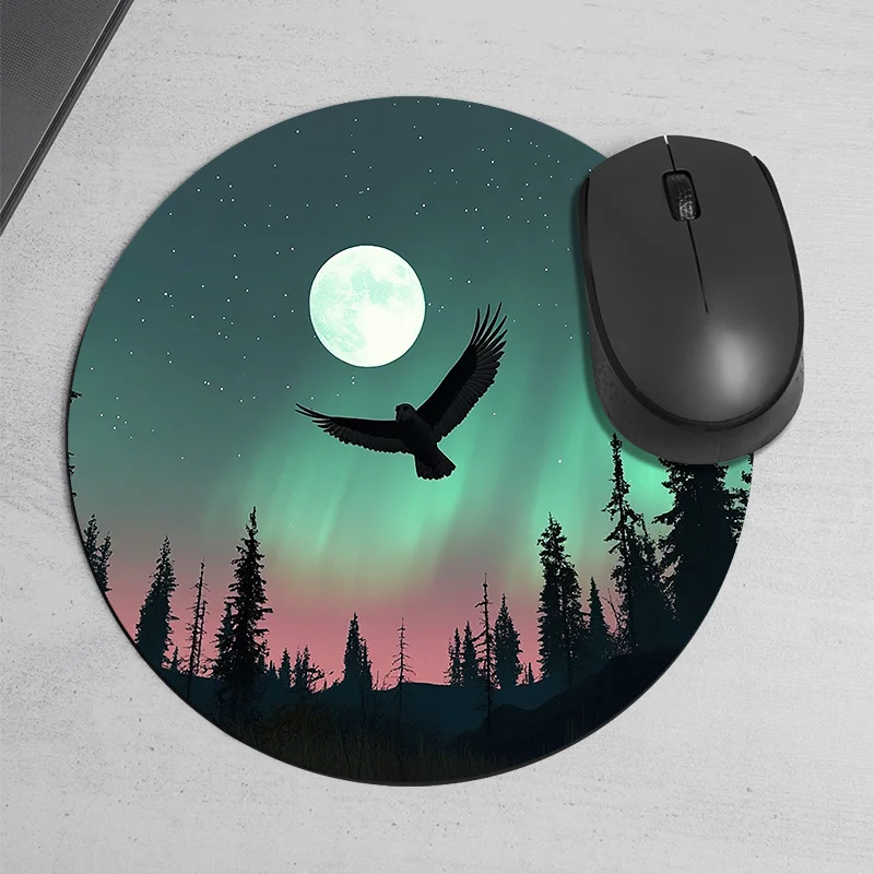 Owl and Aurora circular mousepad durable and anti-slip rubber base vibrant forest and moon