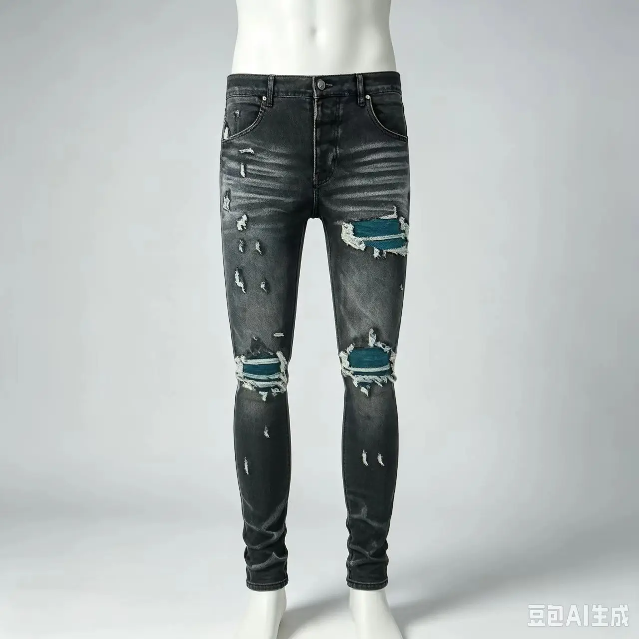 Designer High Street Fashion Men's Stretch Slimming Jeans Retro Black Hole Green Patch Splicing Hip Hop Brand Pants