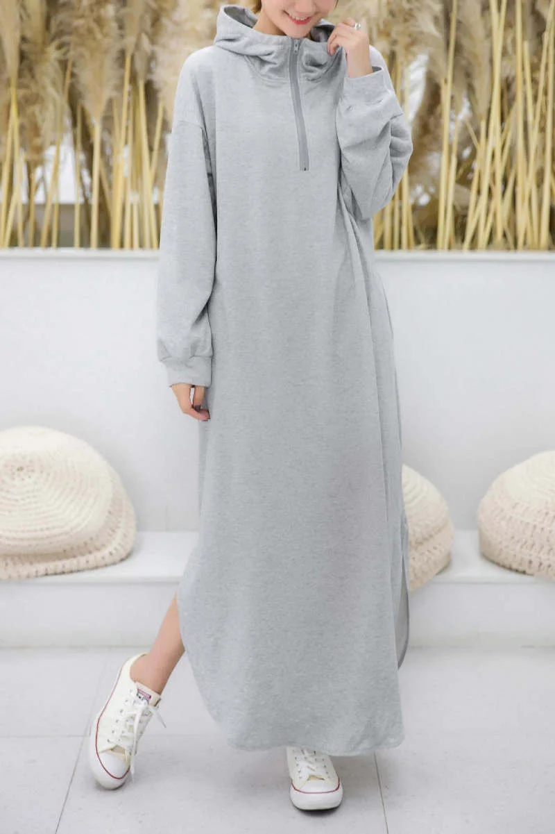 

Women's Autumn Loose Drawstring Dress Retro Solid Stitching Ruffled Winter Female New Hooded Long Sleeve Sweashirt Maxi Dress