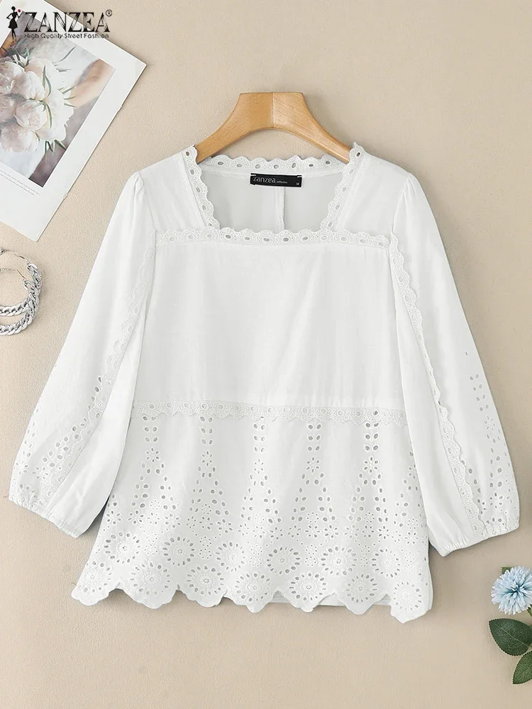 ZANZEA Elegant Openwork Embroidery Blusas Mujer Square neck Lace-Trim Solid Womens Blouses Street Fashion 3/4 Puff Sleeve Tops